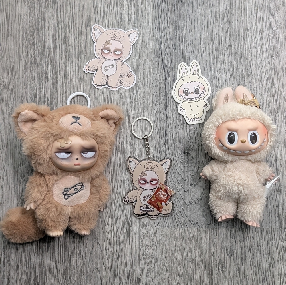 Pop Mart Labubu Soymilk Exciting Macaron + Grumpipi Hun Hun Plush Bundle